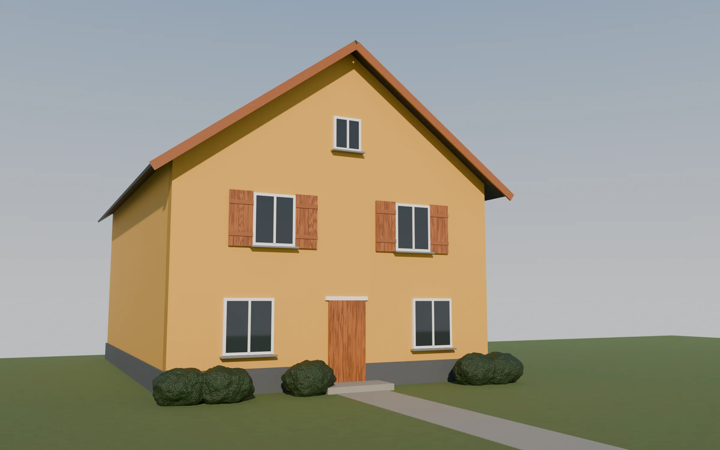 Dieselbe Fassade frisch verputzt und ockergelb gestrichen, Holz neu lasiert.