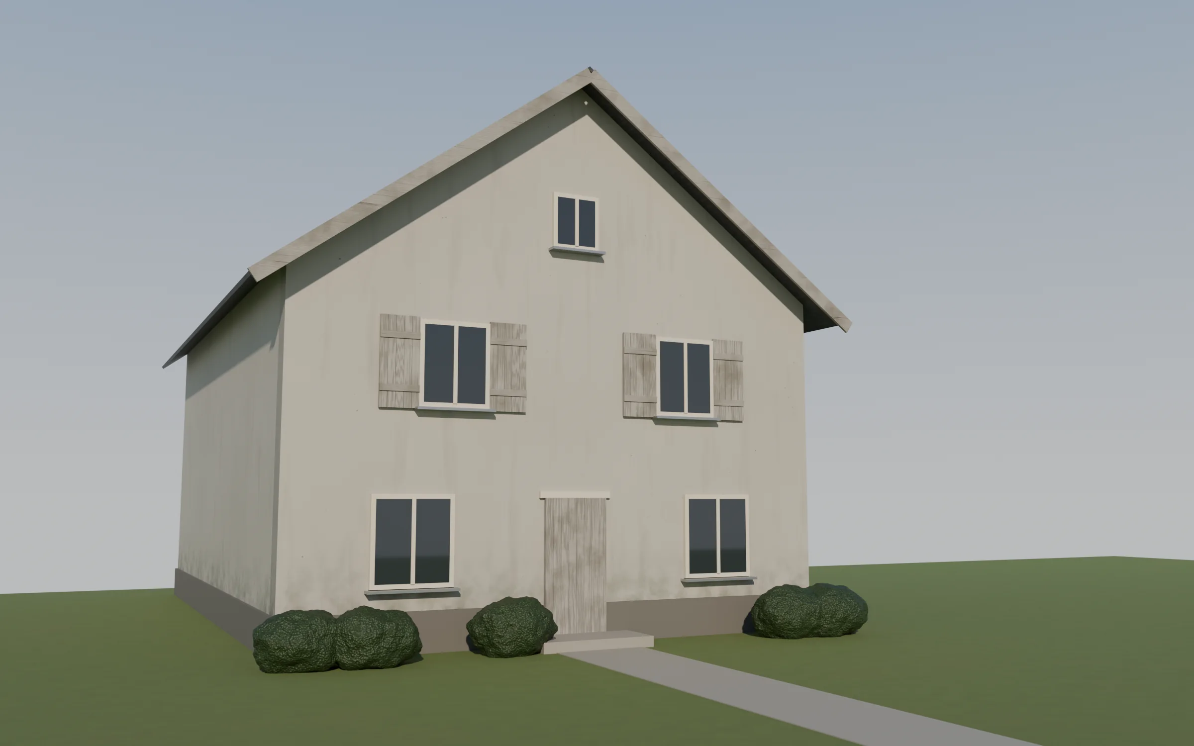 Ein Einfamilienhaus mit verschmutzter grauer Fassade und verwittertem Holz.