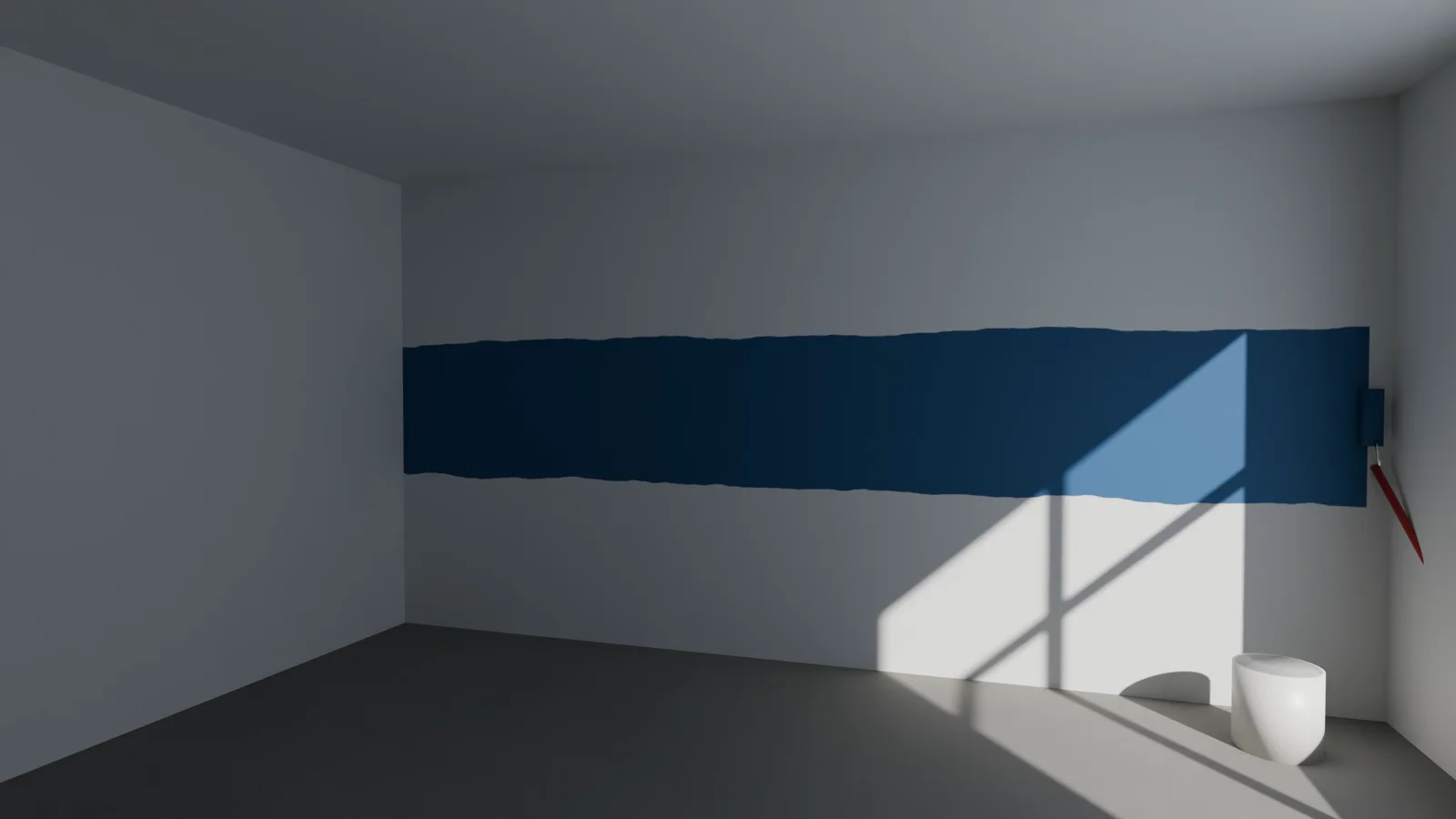 Eine Farbrolle zieht eine tiefblaue Bahn über eine weiße Wand.