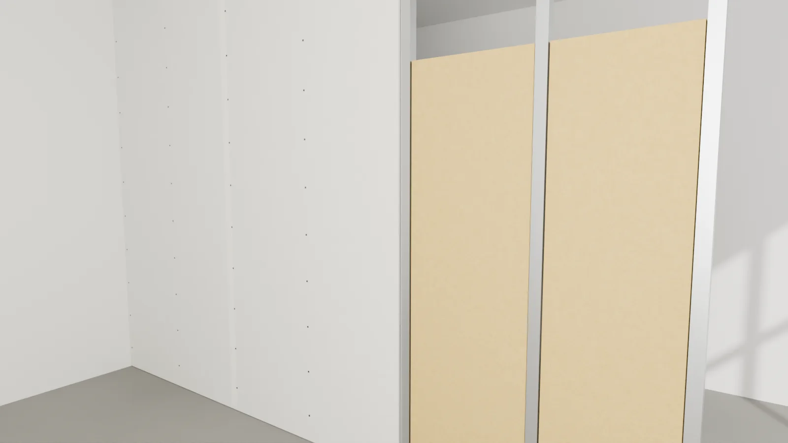 Eine neue Trockenbauwand: links mit Gipskartonplatten beplankt und verschraubt, rechts offenes Metallständerwerk mit Dämmung.