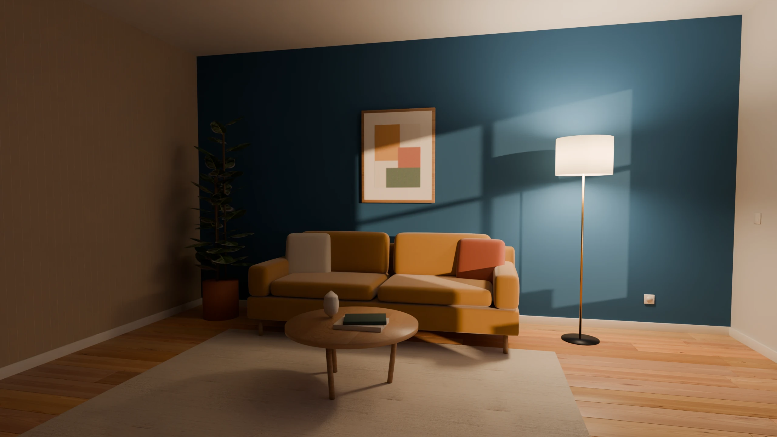 Derselbe Raum fertig: blaue Wand, Leinentapete, Eichendielen, Sofa im Abendlicht.
